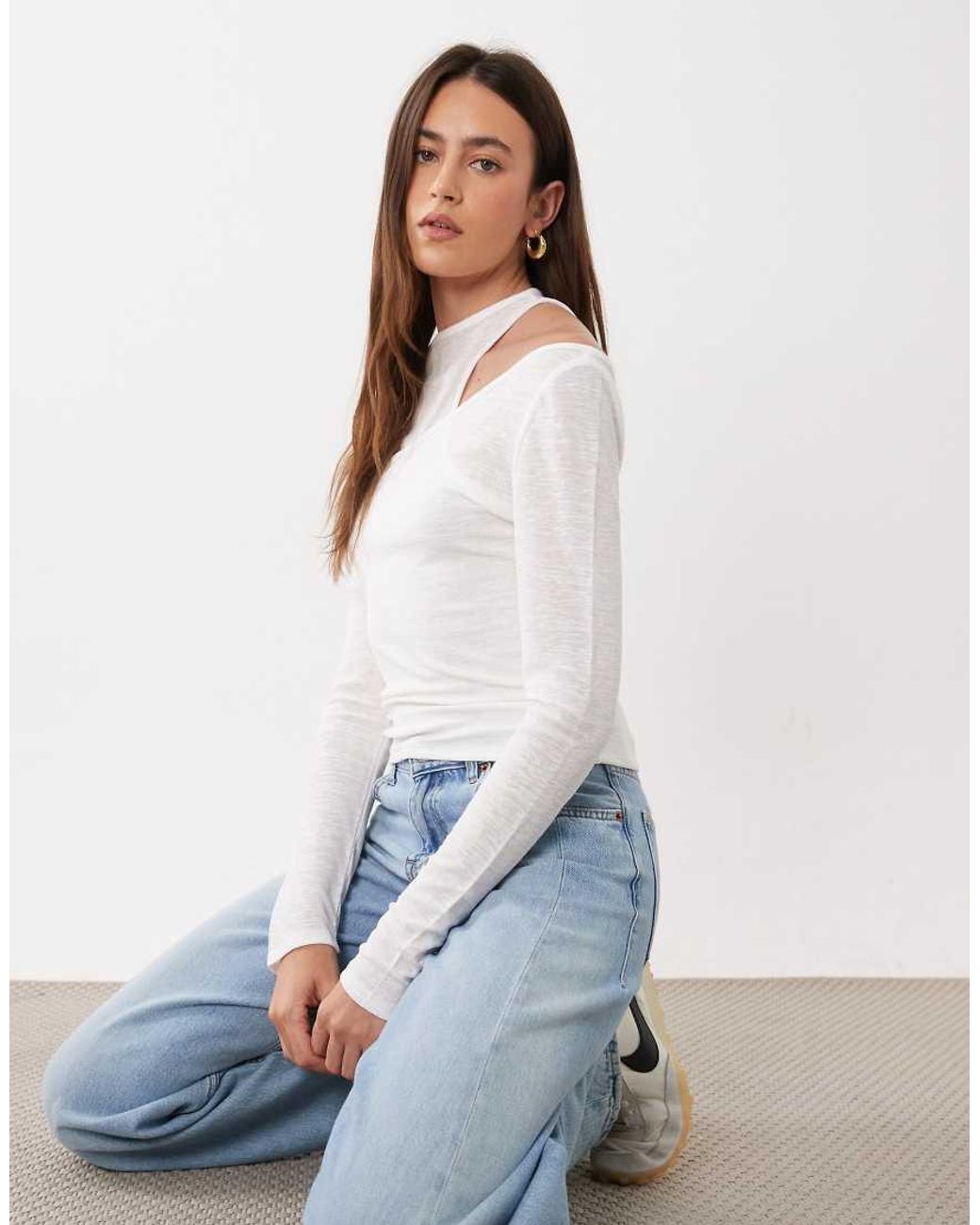 ASOS White Double Layer Sheer Long Sleeve Top