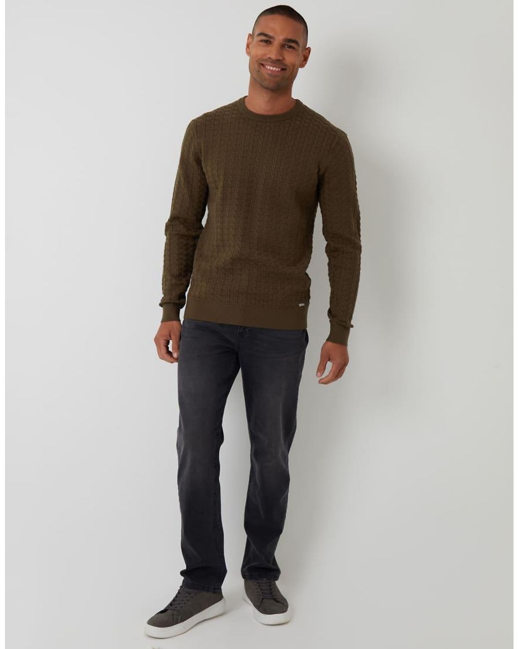 Threadbare Brown Cable Knit Crew Neck Jumper for men