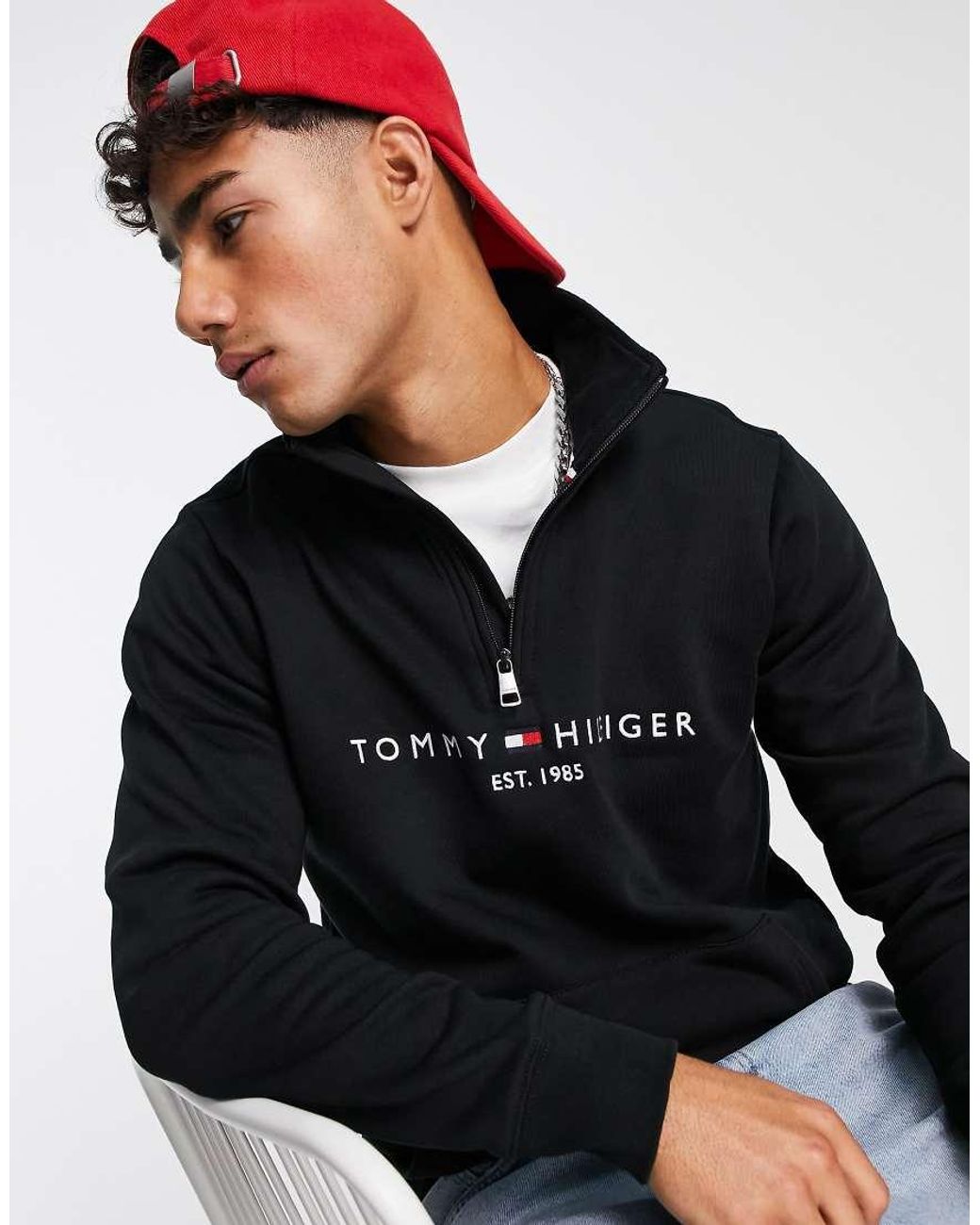 Tommy Hilfiger Black Embroidered Flag Logo Half Zip Sweatshirt for men