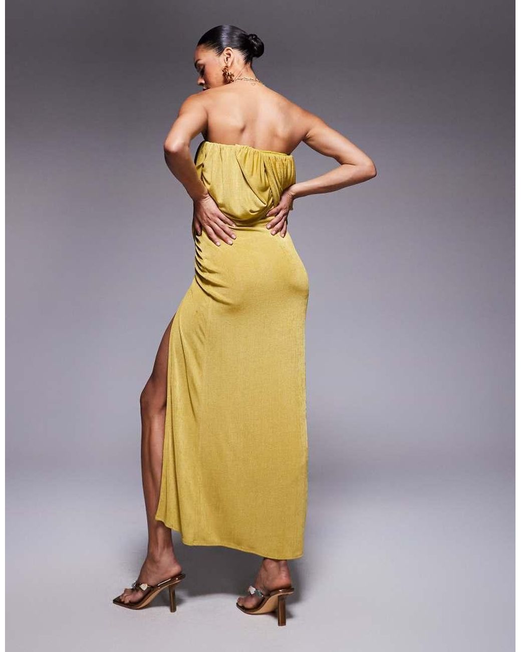 ASOS Yellow Slinky Pleat Detail Bandeau Maxi Dress With Drape Skirt