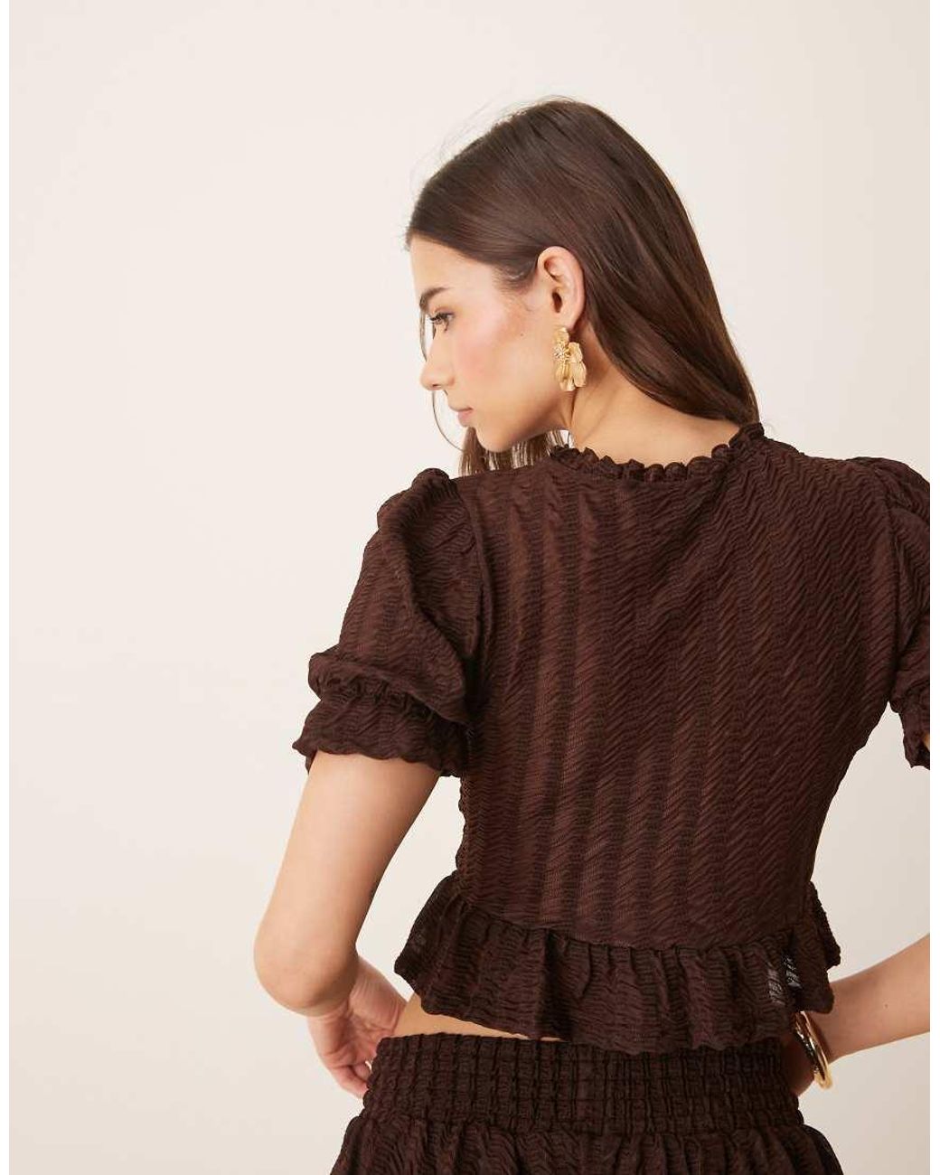 ASOS Brown Co-ord Textured Shirred Top With Ruffle Detailing