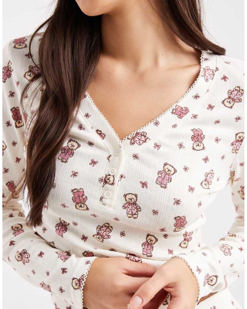 Miss Selfridge White Teddy Bear Print Mix And Match Pyjama Henley Top