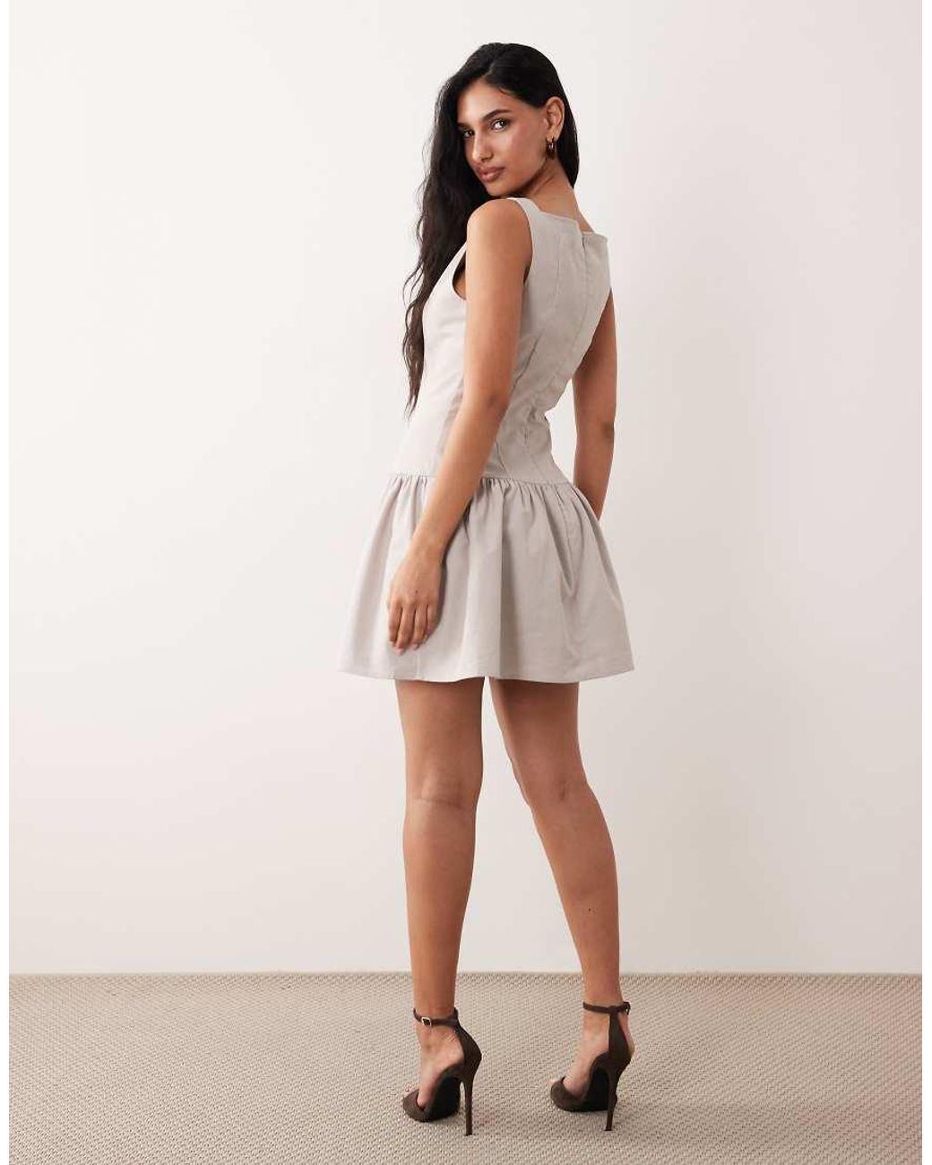 Kaiia Gray Exclusive Linen Blend Square Neckline Button Detail Mini Dress