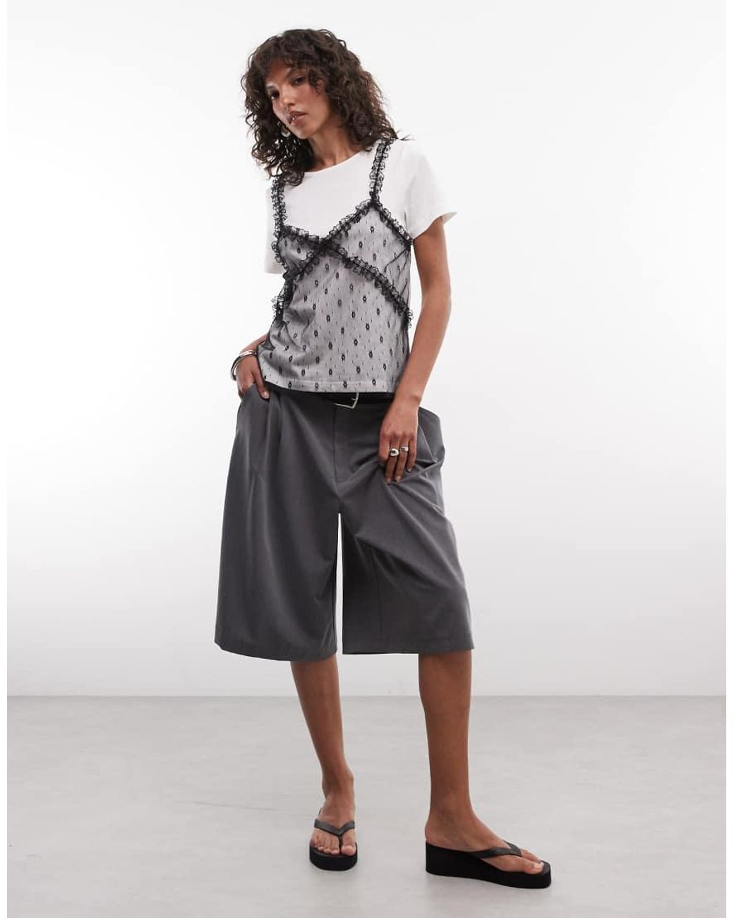 Noisy May Gray Layered T-shirt With Lace Detail