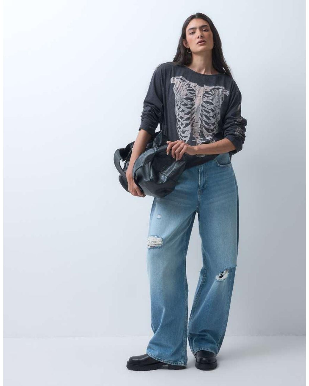 The Ragged Priest Blue Oversized Long Sleeve Top With Skeleton Graphic