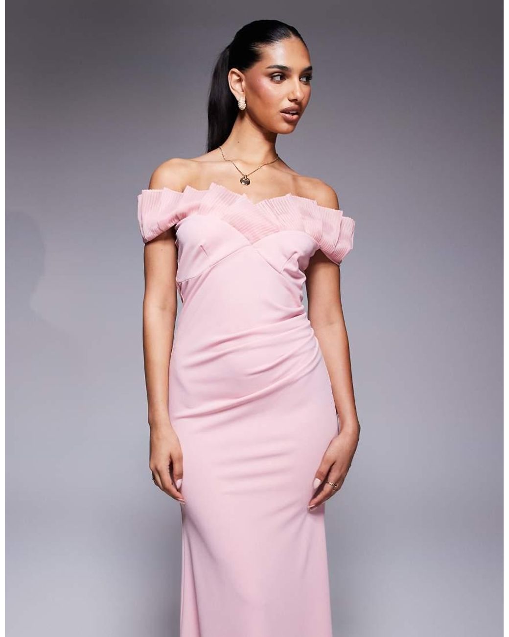 Goddiva Pink Fan Pleated Bardot Crepe Maxi Dress