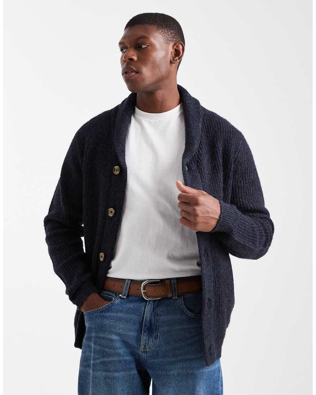 Cárdigan Con Detalle De Solapas De Esmoquin De Threadbare de hombre de color Blue