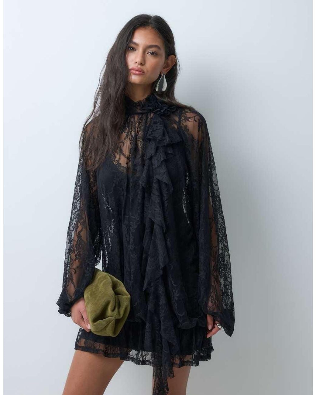 ASOS Blue Lace Dropped Waist Mini Dress With Corsage And Blouson Sleeve Detail