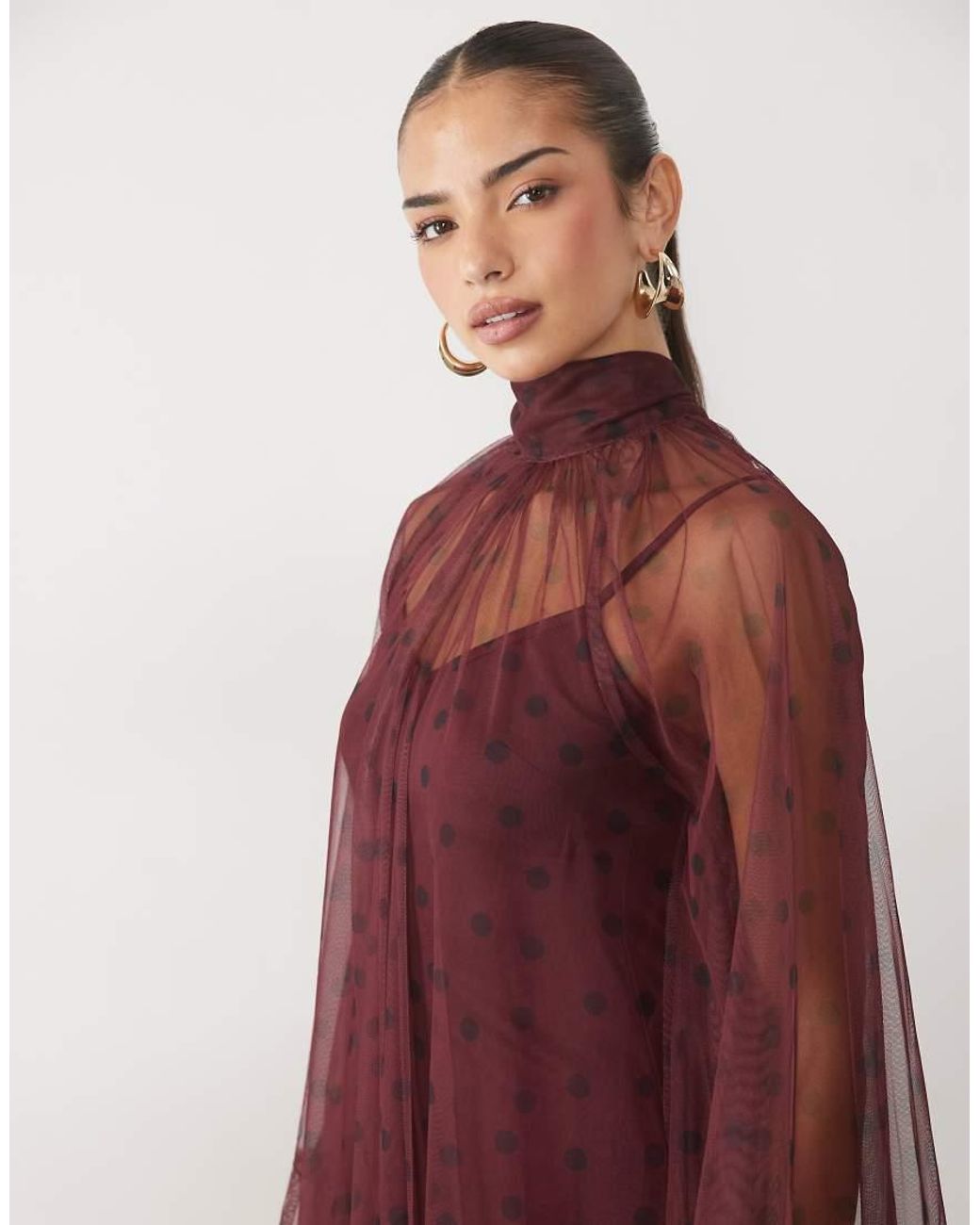 LACE & BEADS Red Lace & Bead Sheer Tulle High Neck Bell Sleeve Mini Dress