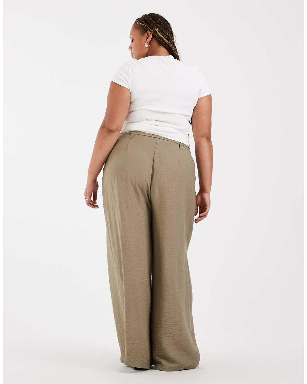 ASOS Natural Asos Design Curve Textured Wide Leg Trousers With Tie Waist