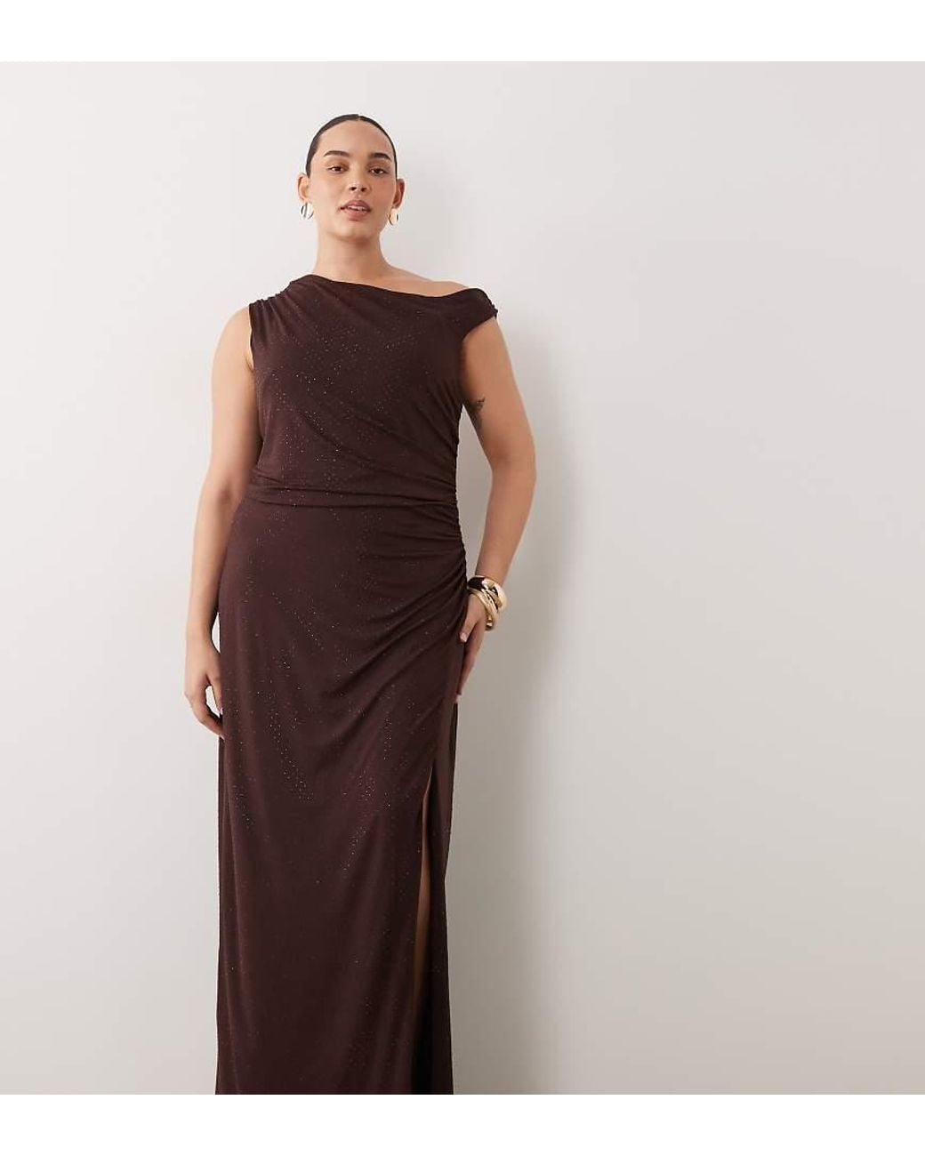 Tfnc Plus Brown Slinky Hotfix Fallen Shoulder Thigh Split Maxi Dress