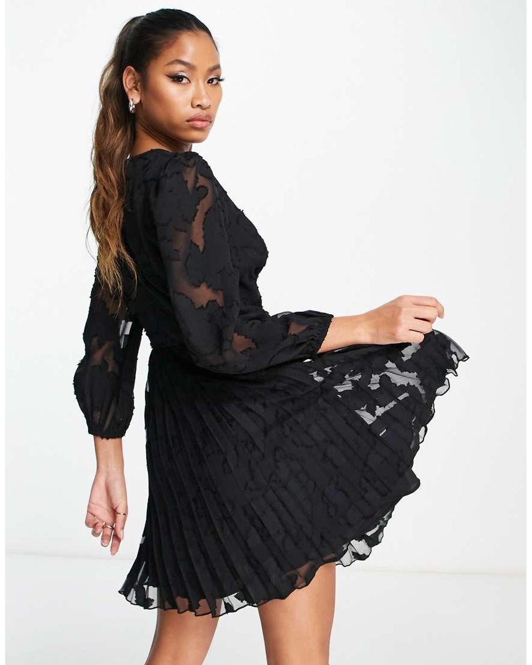 ASOS Black Burnout Button Through Shirred Waist Pleated Mini Dress