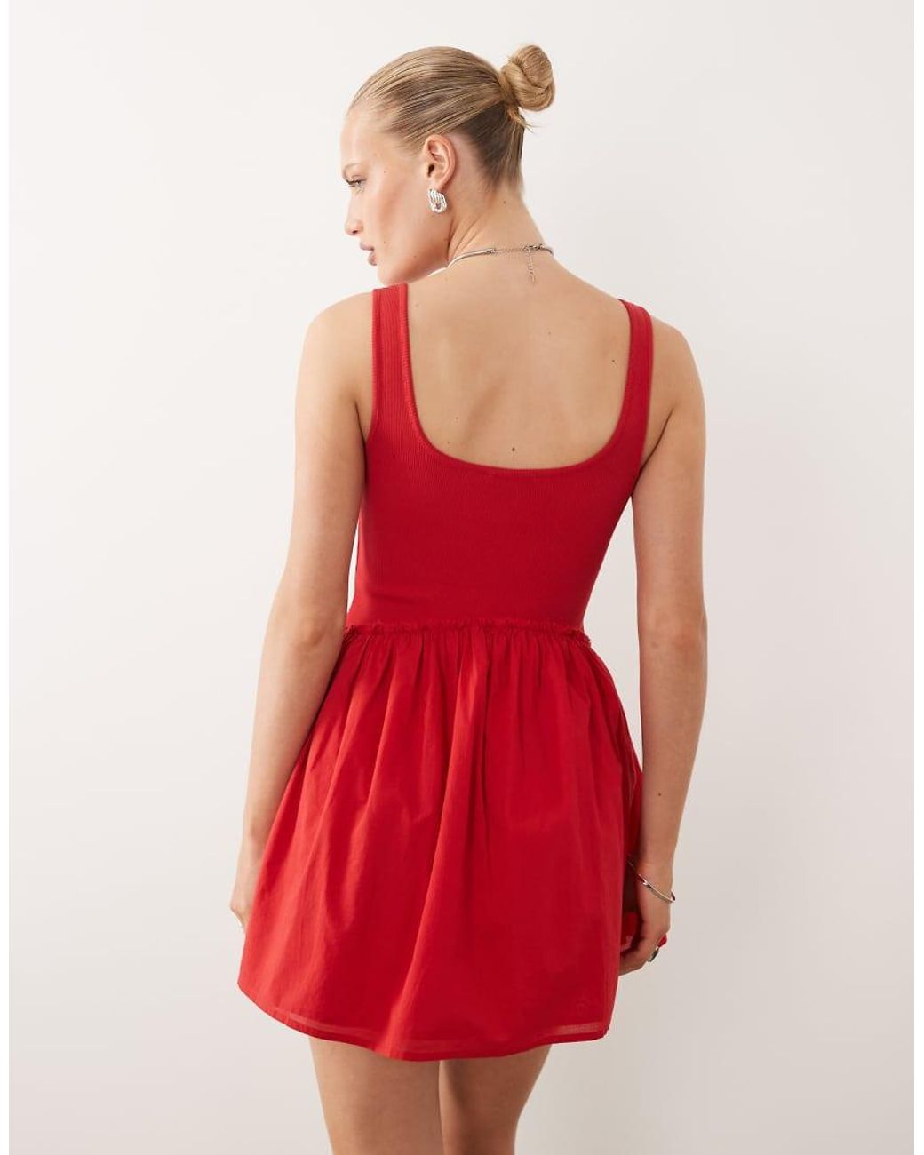 ASOS Red Scoop Ribbed Bodice With Poplin Skirt Mini Dress
