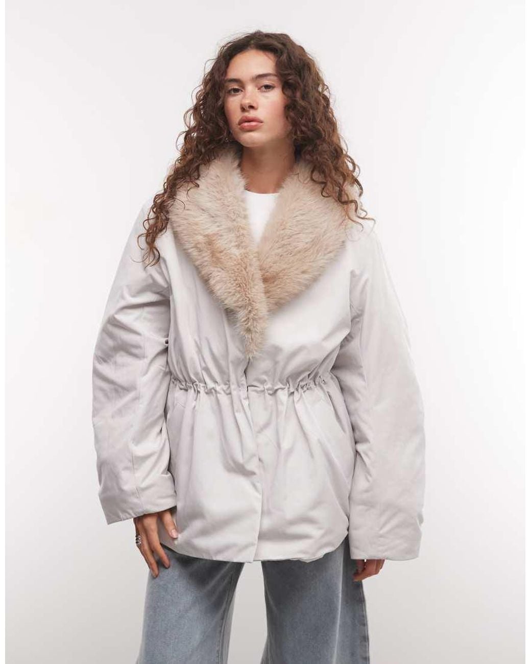 Monki Gray Faux Fur Cinched Puffer Coat