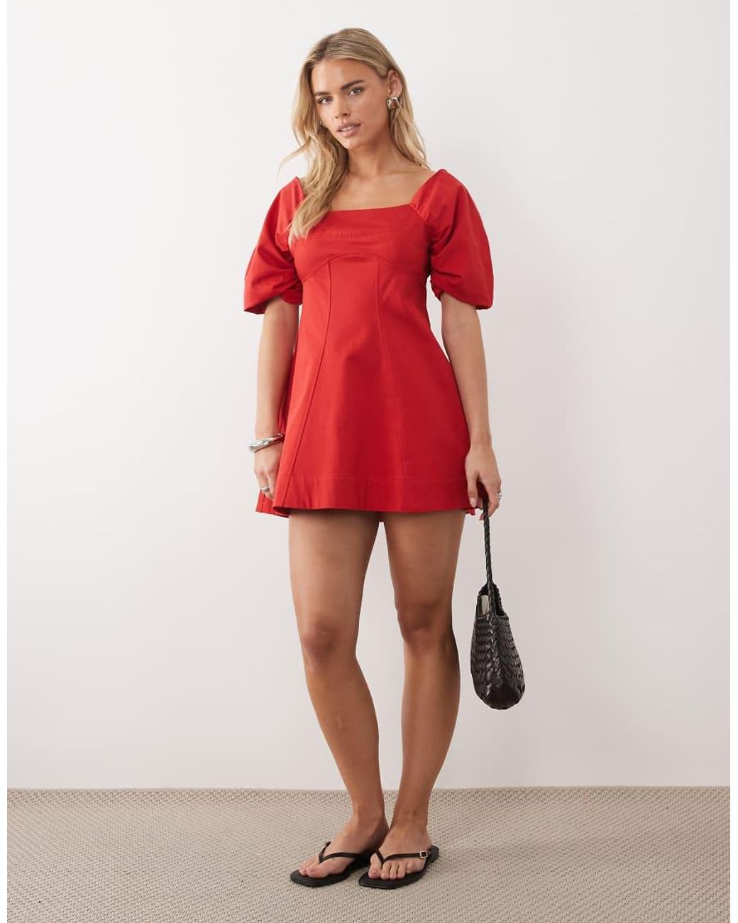 ASOS Red Asos Design Petite Square Neck Structu Cotton Mini Dress With Back Strap