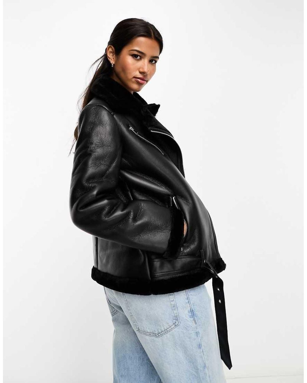 Pieces Black Faux Fur Trim Aviator Jacket