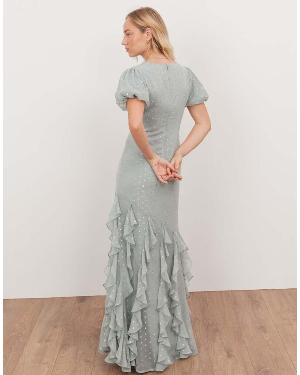 ANAYA Gray Short Sleeve V Neck Ruffle Maxi Dress