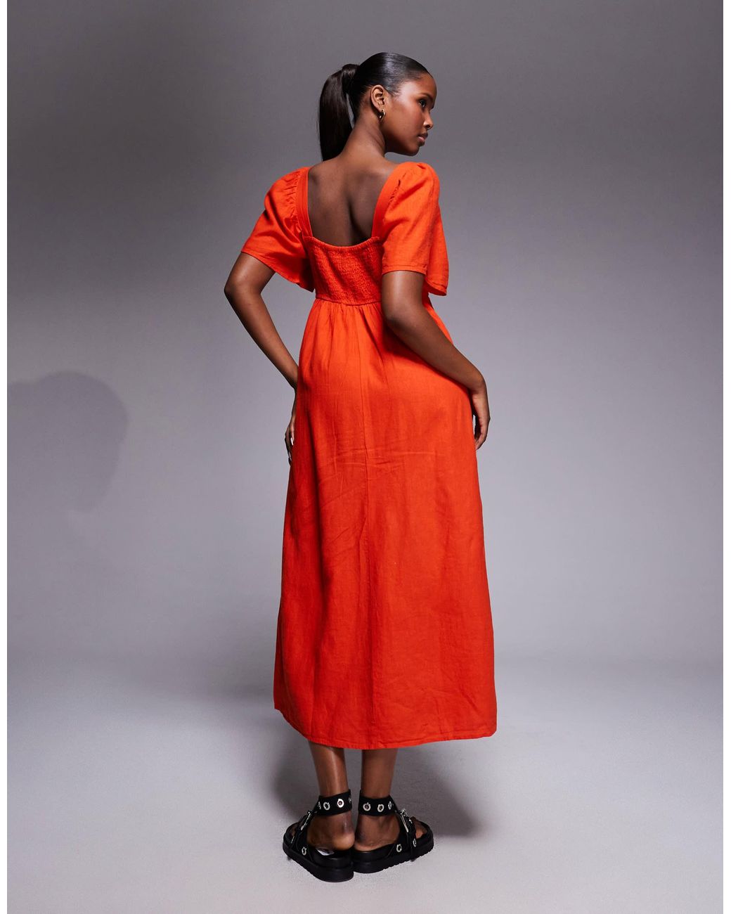 chinese dress ladies Shirred Midi Dress - Premium Cotton Linen Fabric main image 1