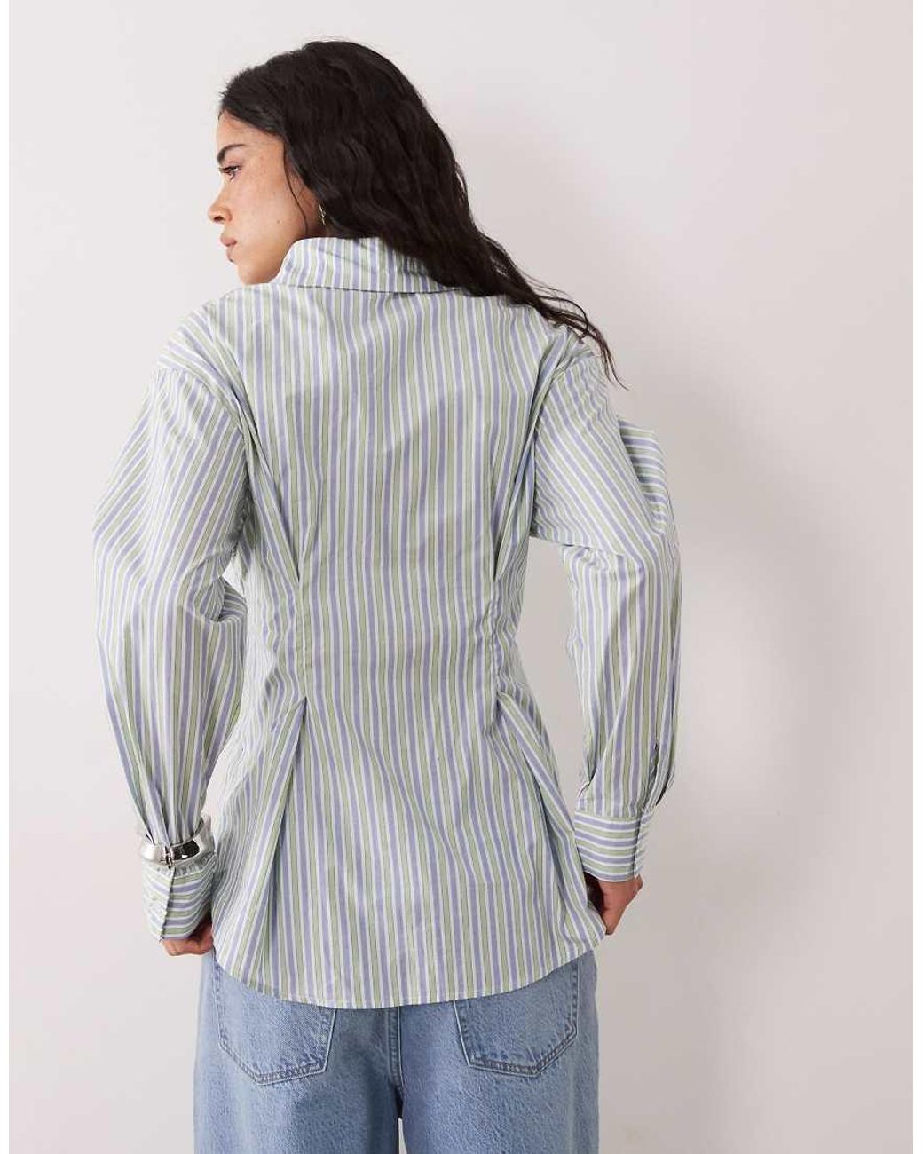 Camisa De Manga Larga De Algodón Con Detalle De Cintura Fruncida Y Raya Diplomática Azul Claro Ghospell de color Gray