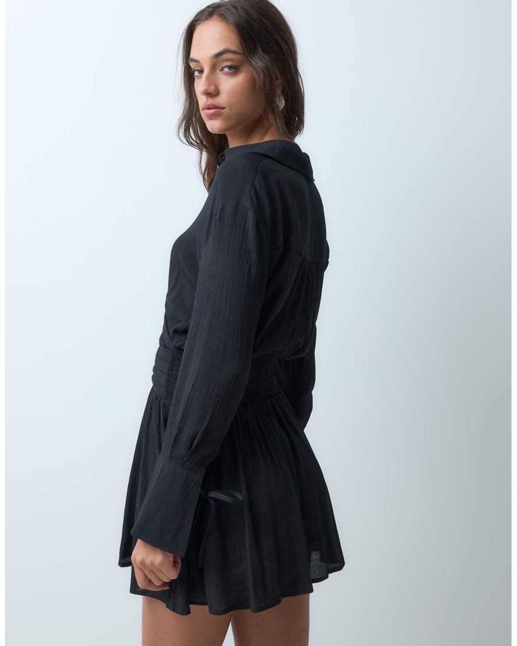 BRONZE SNAKE Gray Mini Shirt Dress With Tie Waist