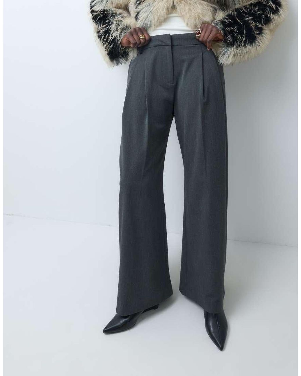 Weekday Gray Pleated Wide Leg Trousers