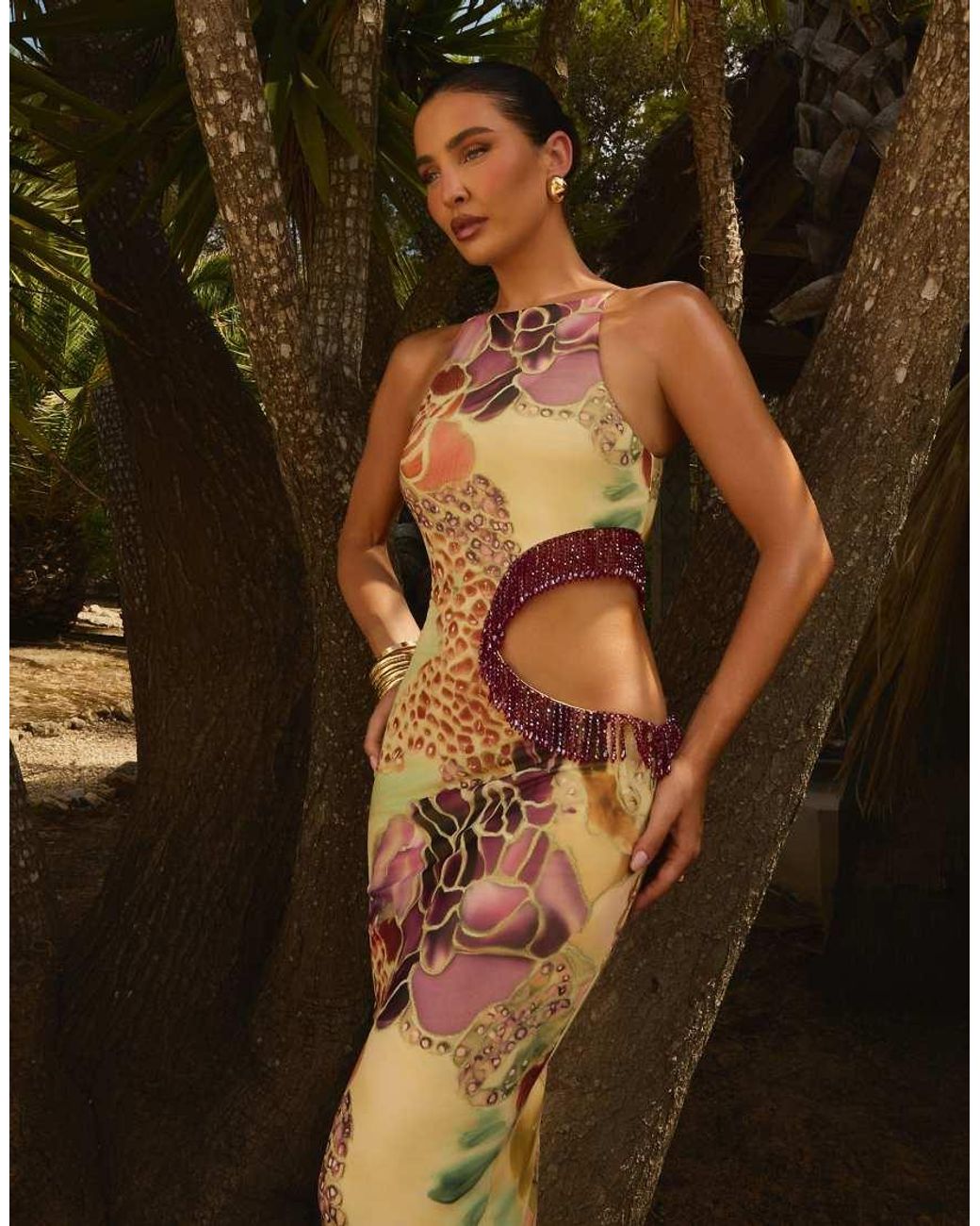 Wanderdoll Brown X Emma Milton Azura Premium Mesh Sculpt Cut Out Embelished Detail Maxi Dress