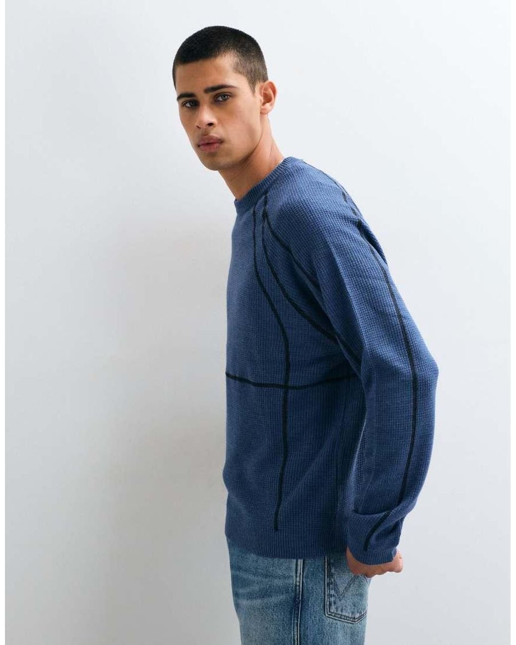 ASOS Blue Knitted Oversized Panelled Jumper for men