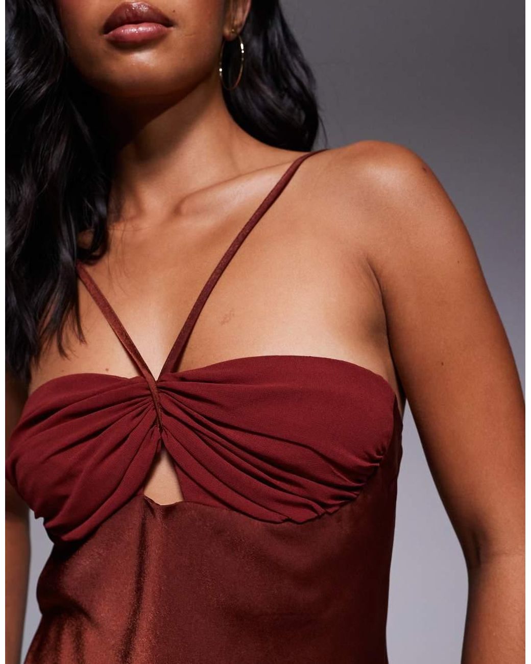 ASOS Brown Asos Design Petite Satin Strappy Halter Maxi Dress With Contrast Bust