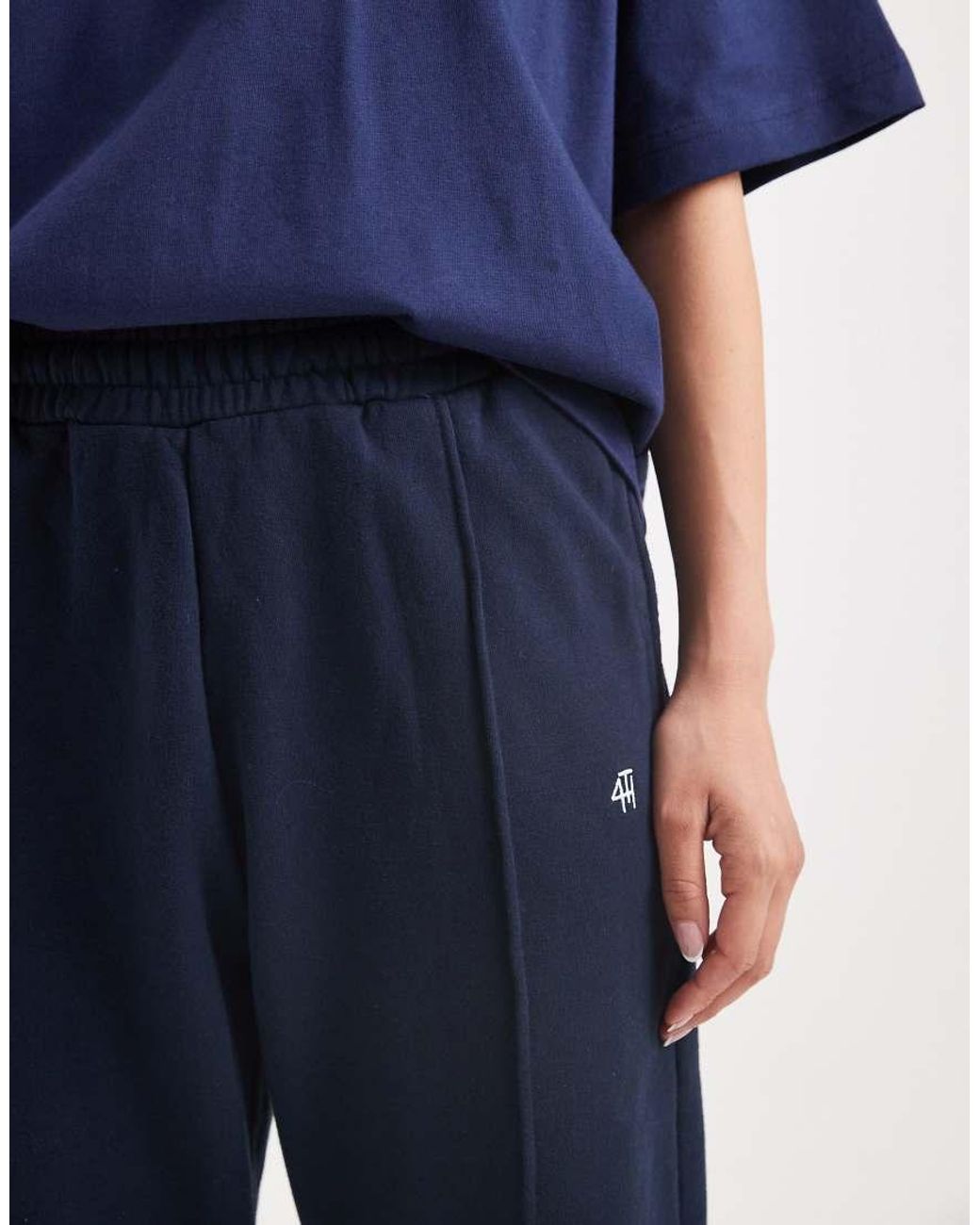 4th & Reckless Blue Cotton Embroidered Logo Seam Detail Wide Leg Sweatpants
