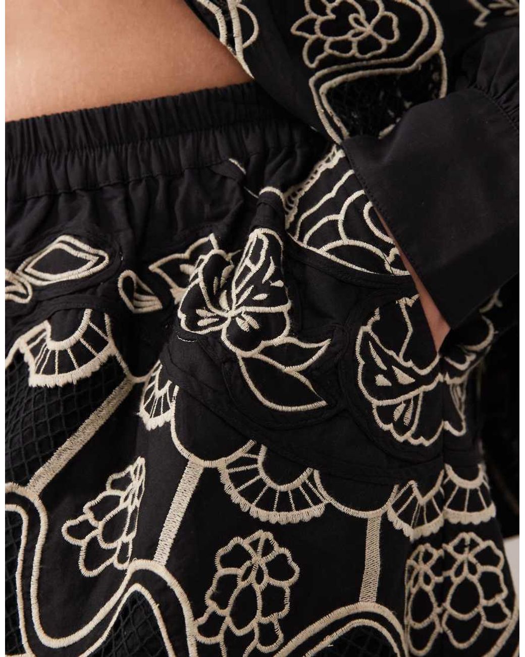 ARRANGE Black Curve Embroidered Cutwork Cotton Co-ord Shorts
