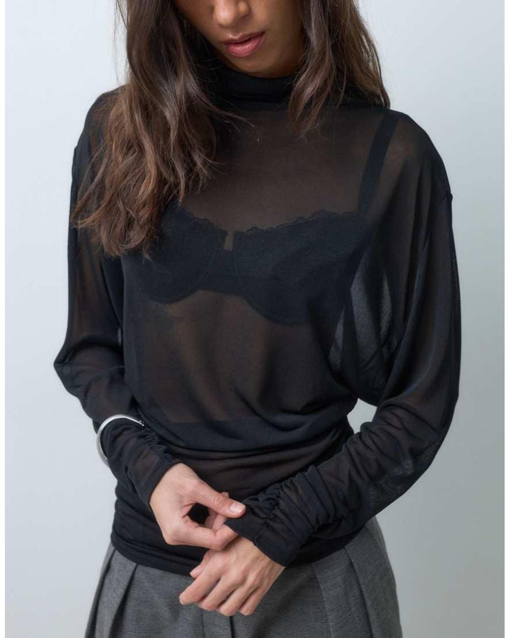 ASOS Gray Sheer Batwing High Neck Ruched Sleeve Top