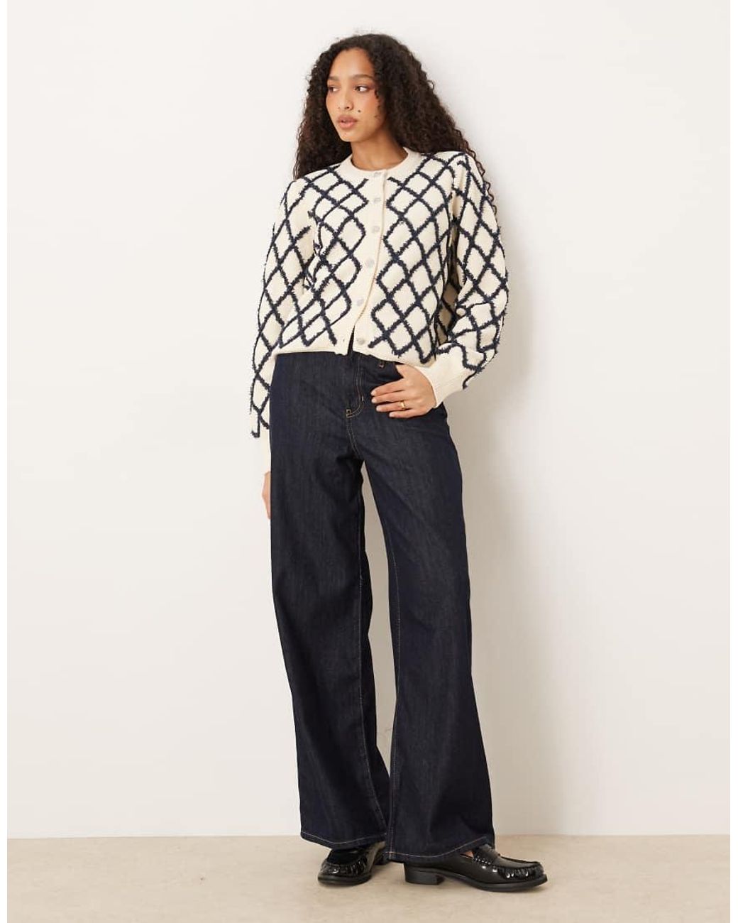 Y.A.S White Fluffy Textured Check Cardigan