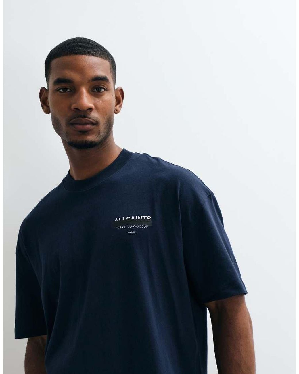 AllSaints Blue Redact Short Sleeve Graphic Logo T-Shirt With Back Print for men