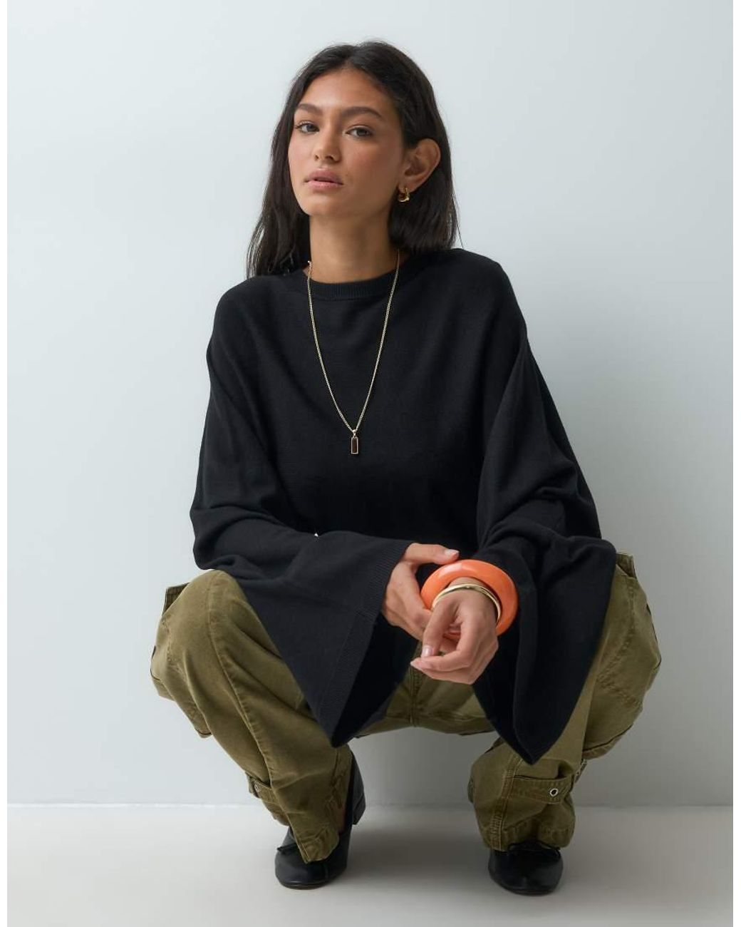 ASOS Black Knitted Batwing Waisted Long Sleeve Top