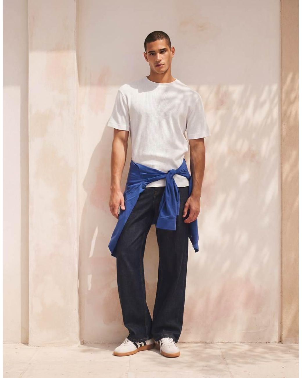 Only & Sons White Relaxed Fit Waffle T-shirt for men