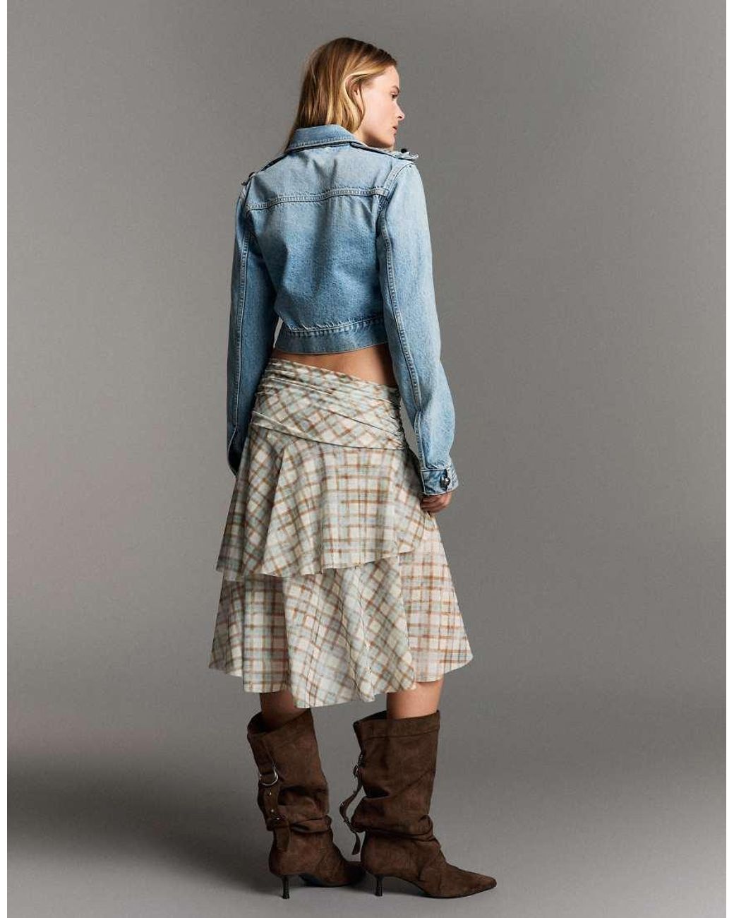 Bershka Gray Checked Midi Skirt