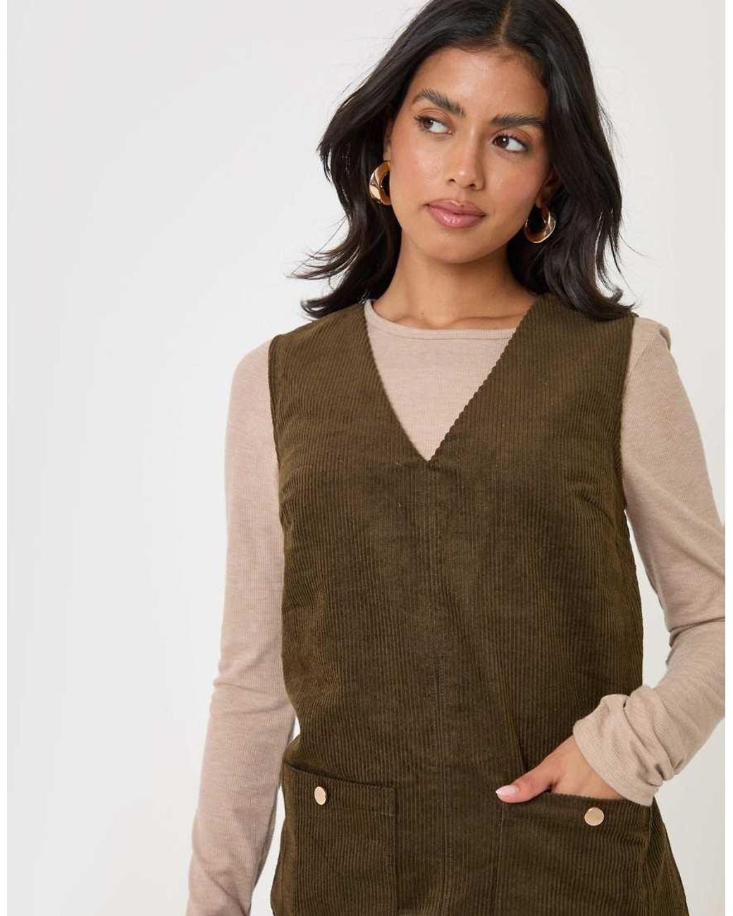 Threadbare Natural Corduroy V Neck Mini Dress