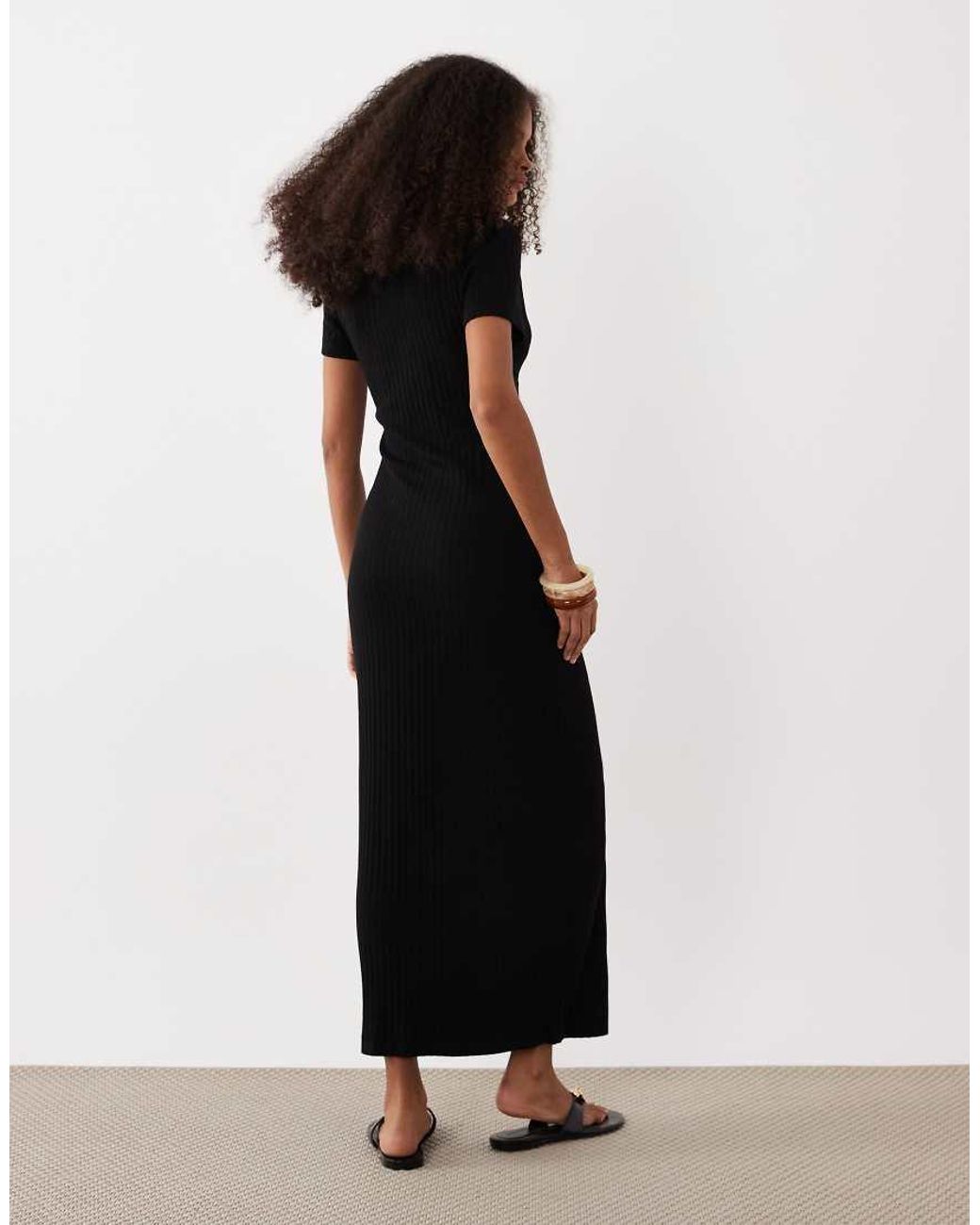 ASOS Black Ribbed Short Sleeve Polo Midi Dress