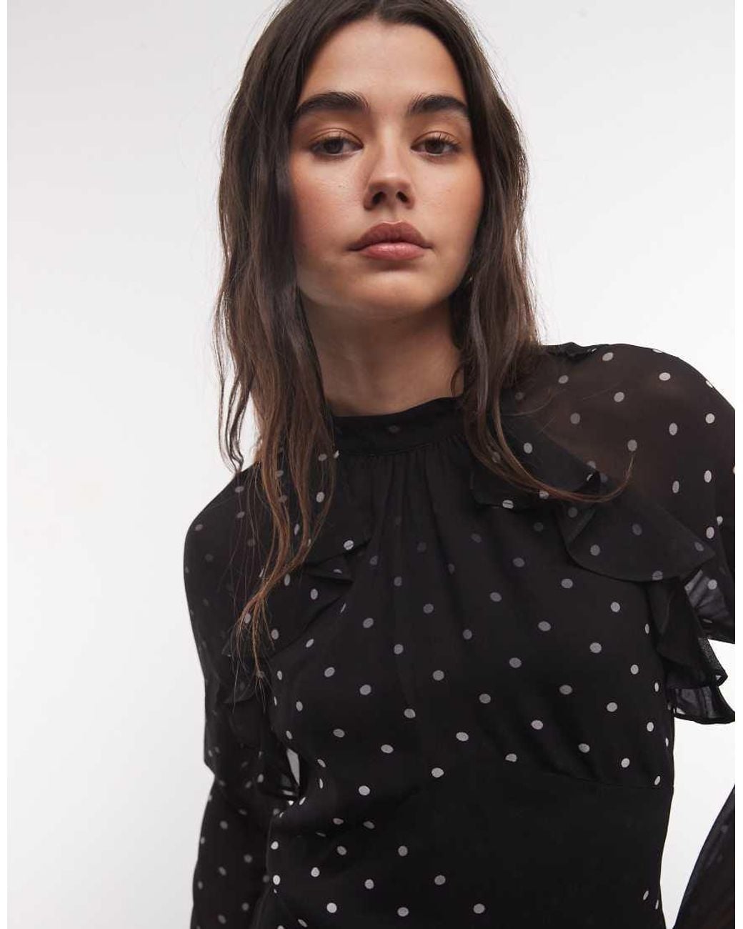 AllSaints Black Clarisse Long Sleeve High Neck Polka Dot Maxi Dress
