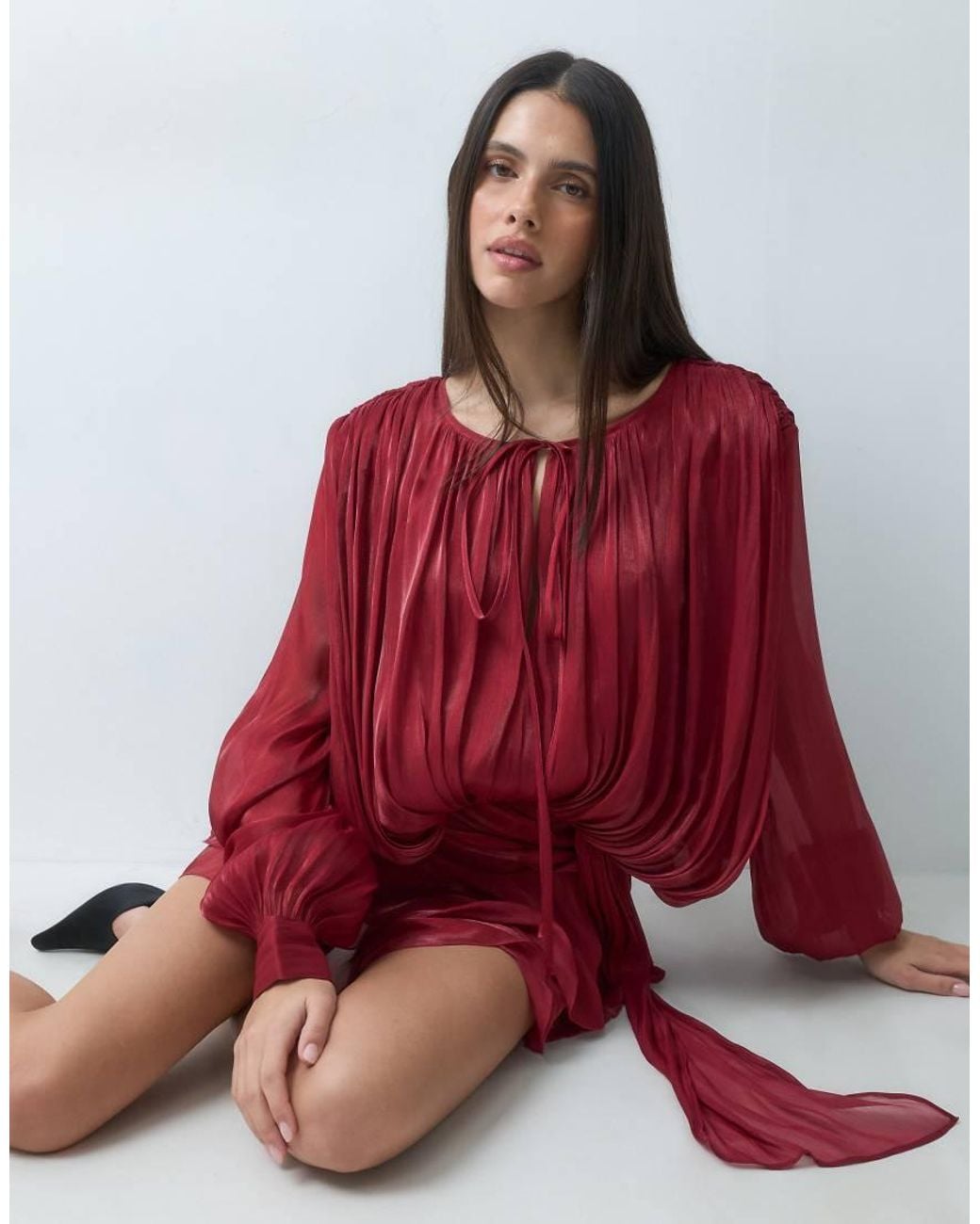Lioness Red Exclusive Elements High Sheen Chiffon Drape Detail Balloon Sleeve Tie Waist Mini Dress