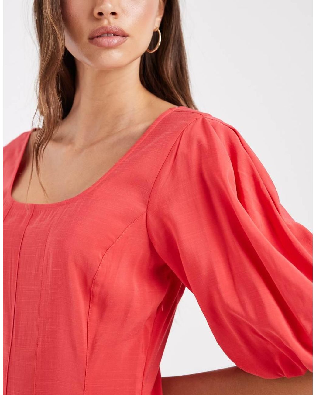 Vero Moda Red Pleated Seam Detail Puff Sleeve Midi Dress