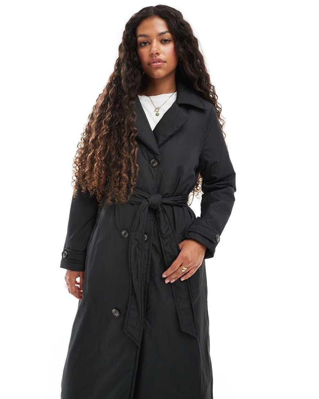 Brave Soul Black Long Double Breasted Padded Coat With Belt