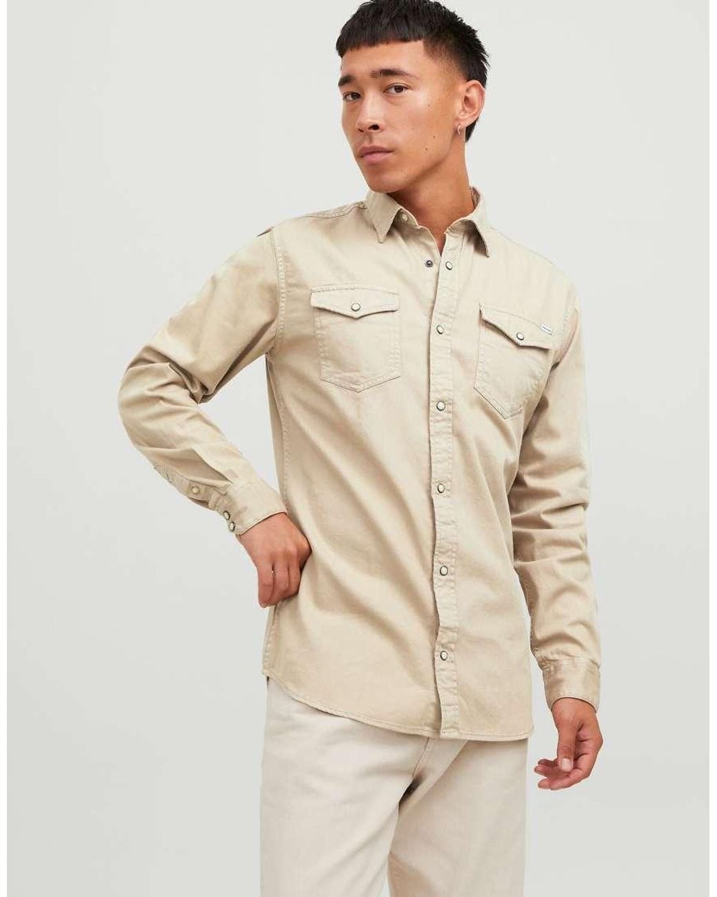 Jack & Jones Natural Sheridan Denim Comfort Fit Spread Collar Long Sleeve Shirt for men