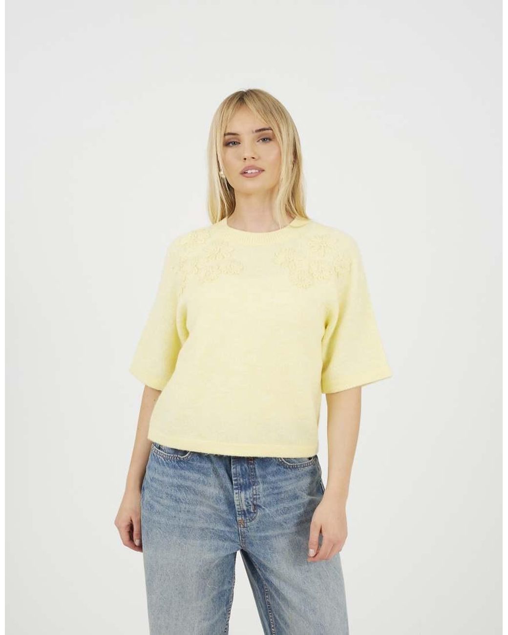 Brave Soul Yellow Short Sleeve Jumper With Floral Embroidery