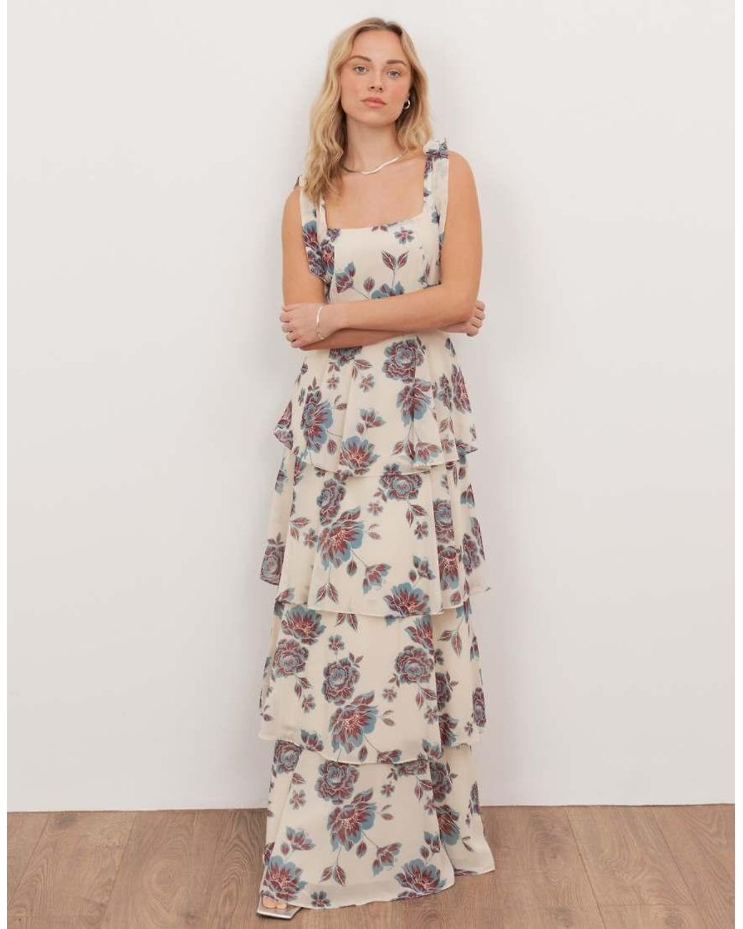 ANAYA Natural Tie Shoulder Tiered Maxi Dress