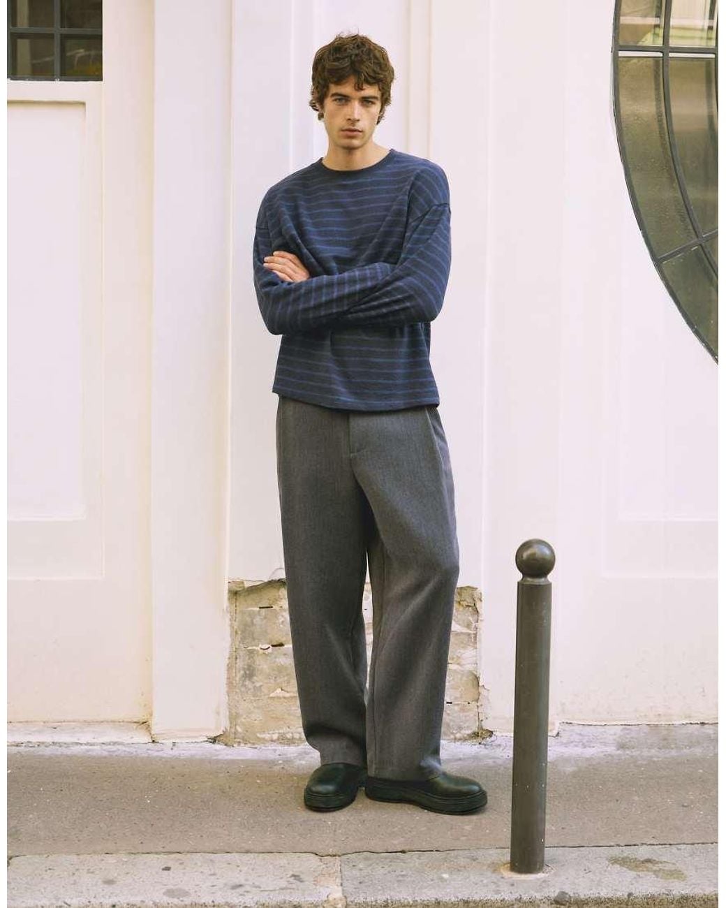 Pull&Bear Blue Long Sleeve Striped T-Shirt for men