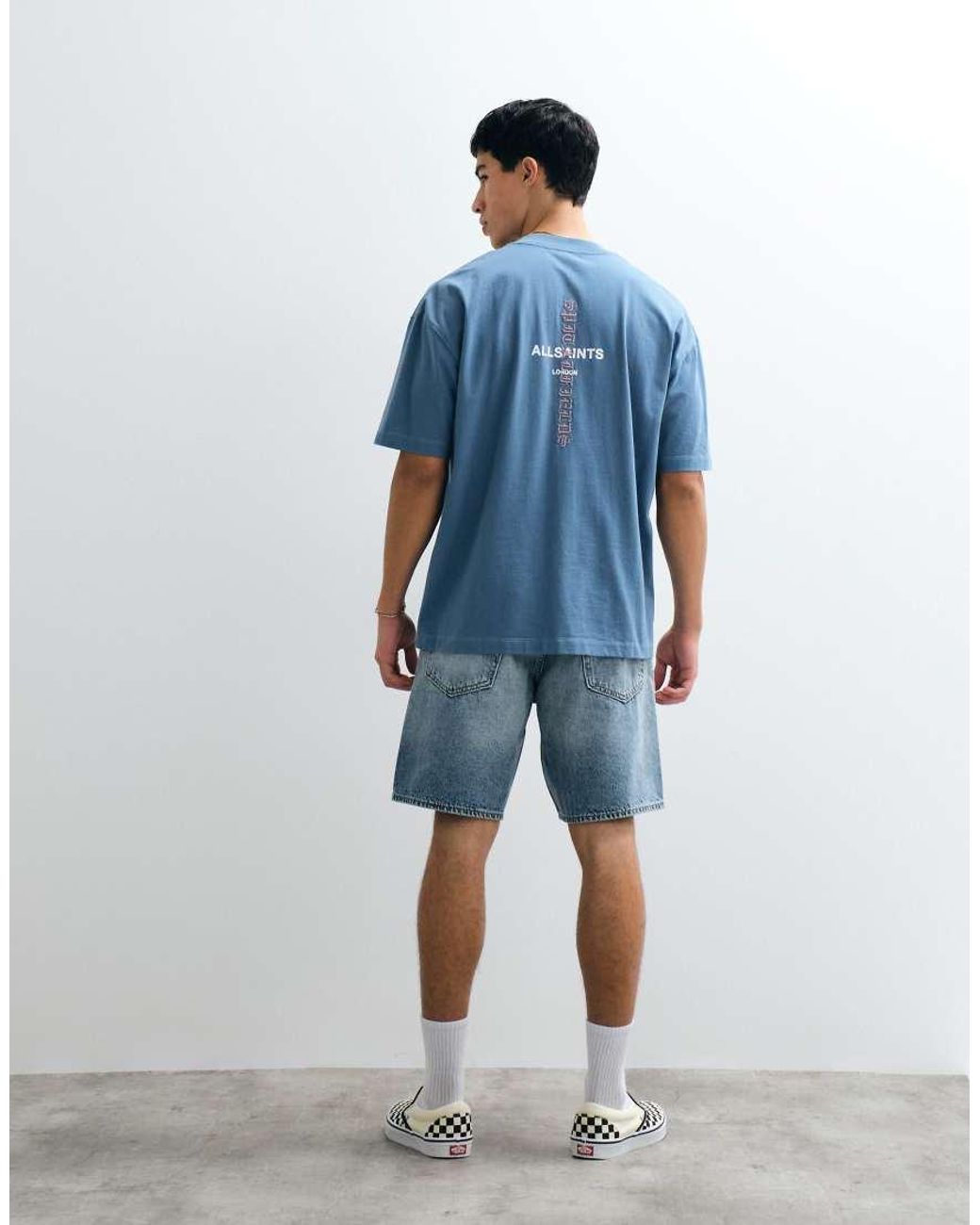 AllSaints Blue Knox Embroidered Logo T-shirt With Back Print for men