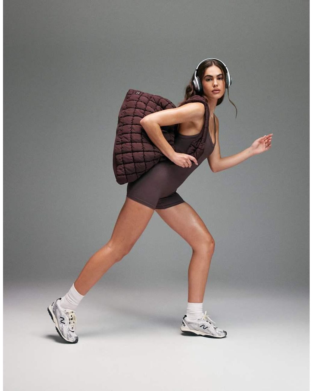 4505 Gray Seamless Baby Rib Racer Back Romper With Adjustable Straps And Inner Bra