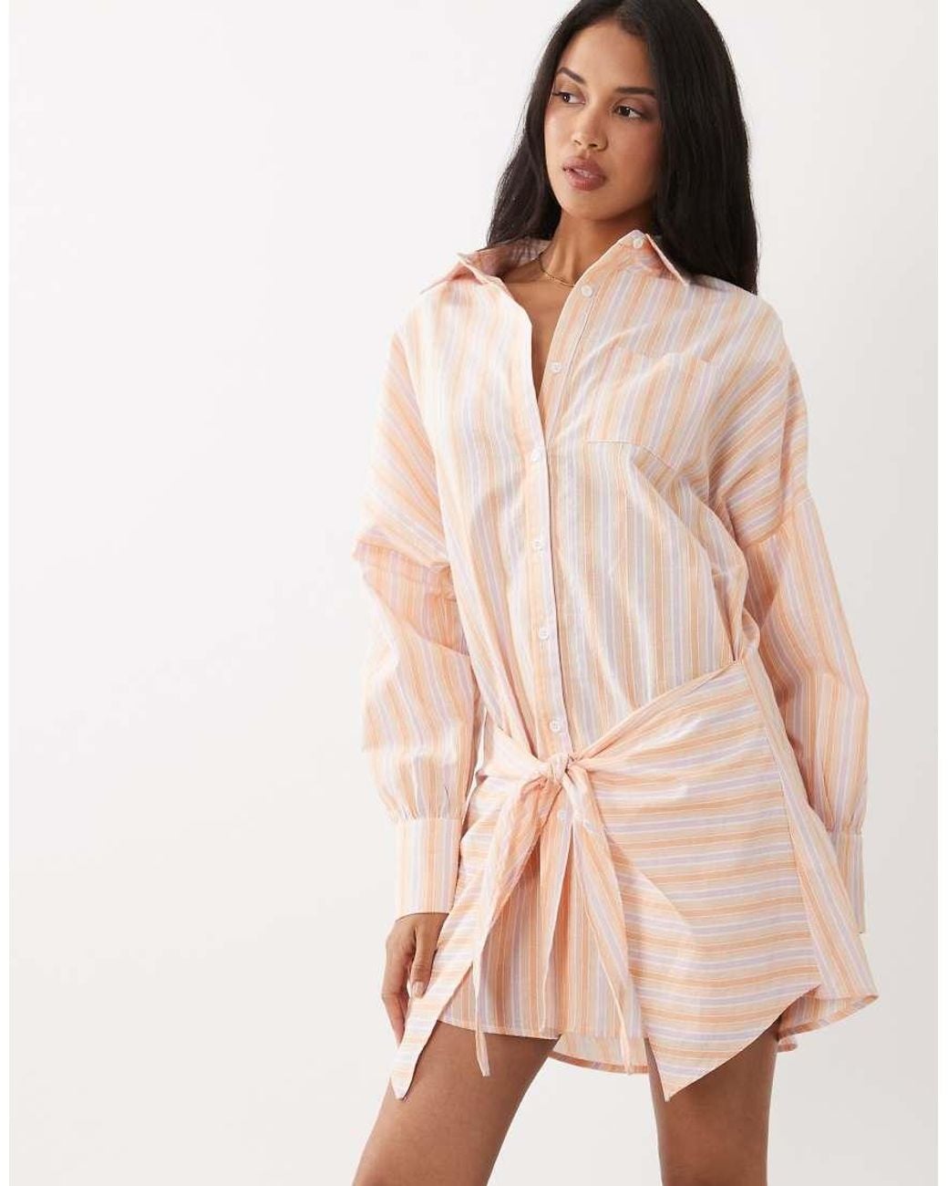 Noughts & Kisses Blue Pinstripe Wrap Waist Shirt Mini Dress