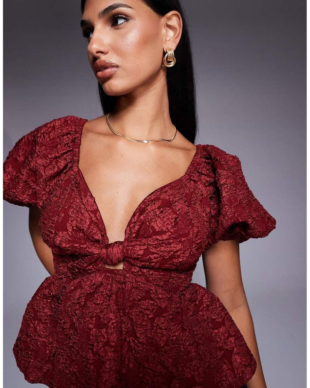 New Look Red Jacquard Puff Sleeve Top